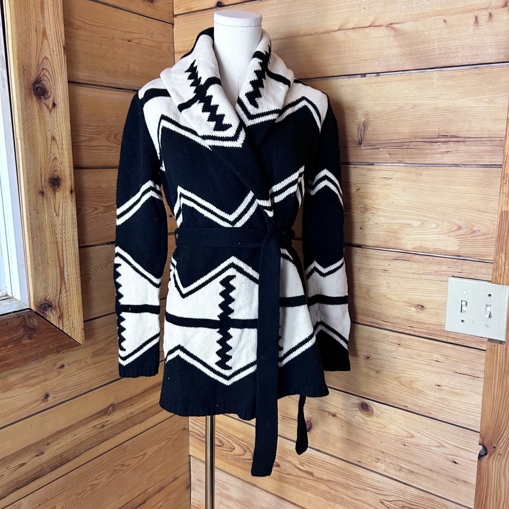Lauren Ralph Lauren Cardigan Sweater Extra Small Black White Southwestern Wool